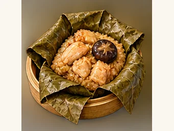 Lotus-leaf sticky rice parcels · 荷香糯米鸡 · AI dish illustration