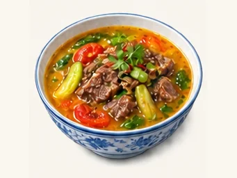 Yak beef in sour soup · 酸汤牦牛肉 · AI dish illustration