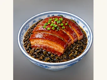 Pork belly with preserved mustard greens · 梅菜扣肉 · AI dish illustration
