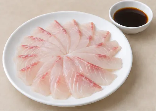 Hakka Raw Fish Slices (客家生鱼片): Thin pale translucent raw grass-carp slices fanned on a plate beside a smooth dark soy-mustard-sesame-oil dip. AI dish illustration; not a restaurant photograph.