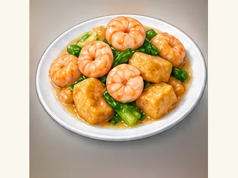 Shrimp with braised wheat gluten · 虾仁笃面筋 · AI dish illustration