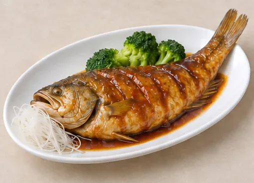 Yellow Croaker with Silver Threads (大黄鱼吐银丝): Golden sauced whole croaker with head and tail intact, white fish-paste threads at its mouth and broccoli beside it. AI dish illustration; not a restaurant photograph.