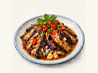 Fire-roasted eggplant salad · 火烤茄子凉拌 · AI dish illustration