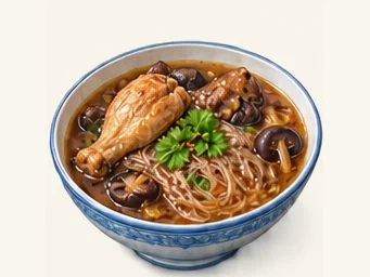 Arxan chicken with mushrooms and noodles · 小鸡炖蘑菇粉 · AI dish illustration