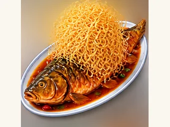 Kaifeng carp with crisp noodles · 鲤鱼焙面 · AI dish illustration