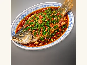 Fish with huoxiang herb · 藿香鱼 · AI dish illustration