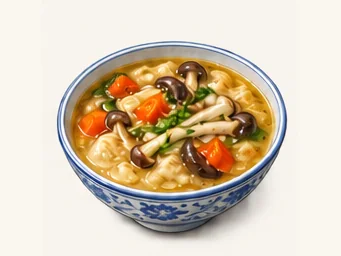 Mushroom noodle-piece soup · 野蘑菇汤饭 · AI dish illustration