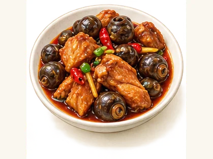Jingxi chicken with river snails · 靖西田螺鸡 · AI dish illustration