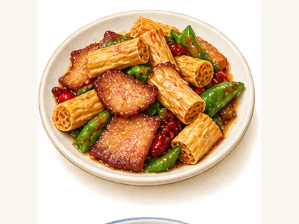 Kaijiang tofu-skin bamboo pork · 开江豆笋回锅肉 · AI dish illustration