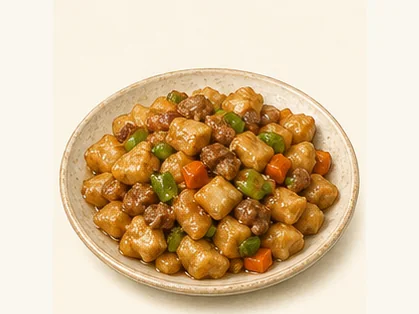 Stir-fried dough nuggets · 炒疙瘩 · AI dish illustration