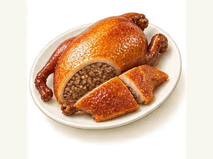 Longchuan stuffed duck · 百色龙川灌鸭 · AI dish illustration