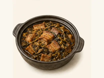 Mohe pork stewed with dried greens · 漠河野菜干煲黑猪肉 · AI dish illustration