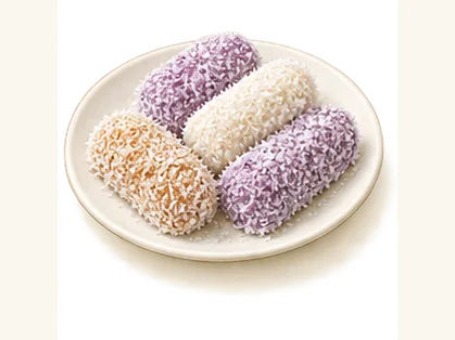 Qionghai coconut-coated grain cakes · 琼海杂粮椰丝粑 · AI dish illustration