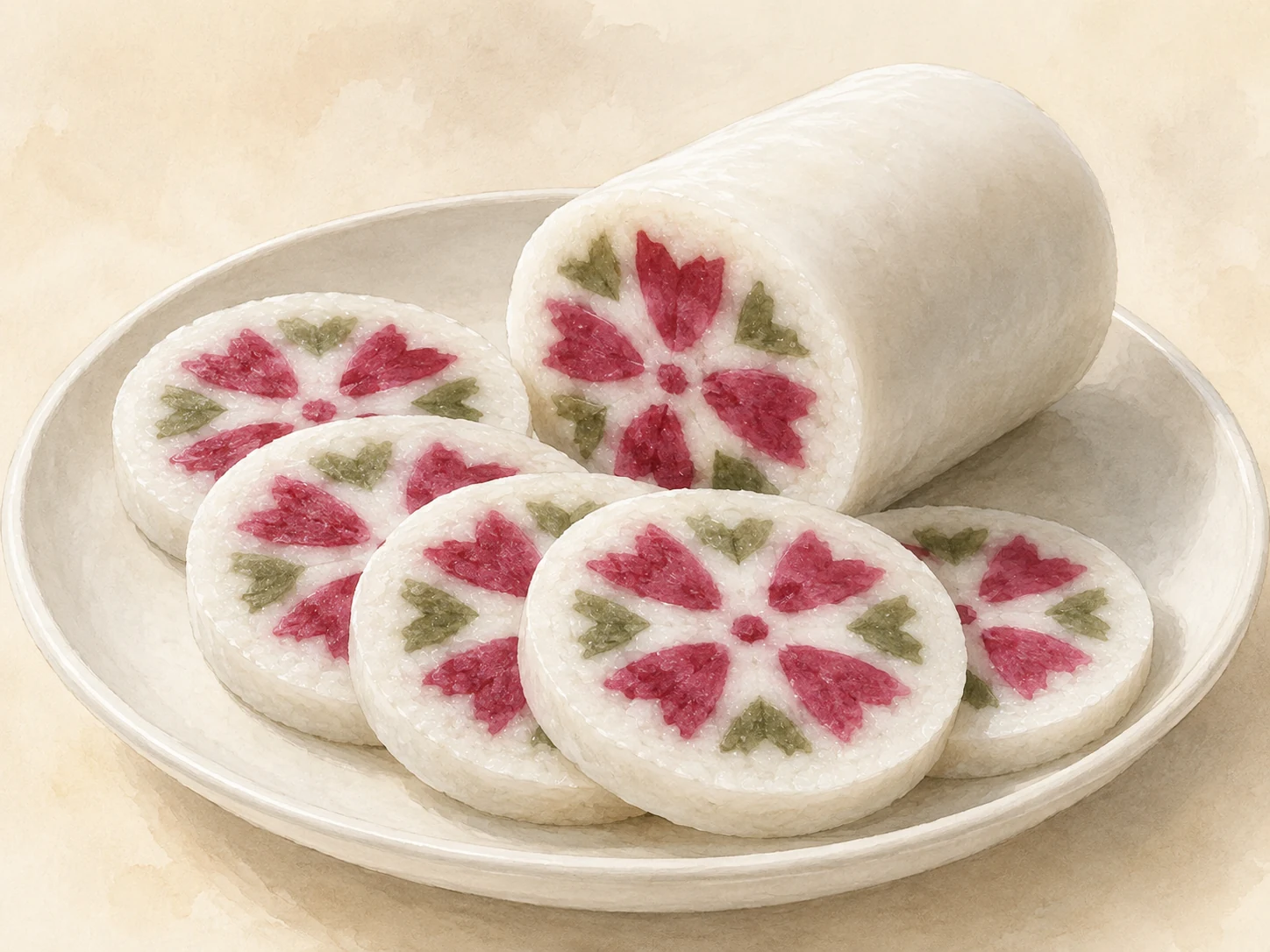 Sinan flower-patterned rice cakes · 思南花甜粑 · AI dish illustration