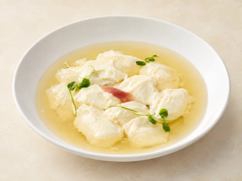 鸡豆花 · Chicken douhua in clear broth · AI dish illustration