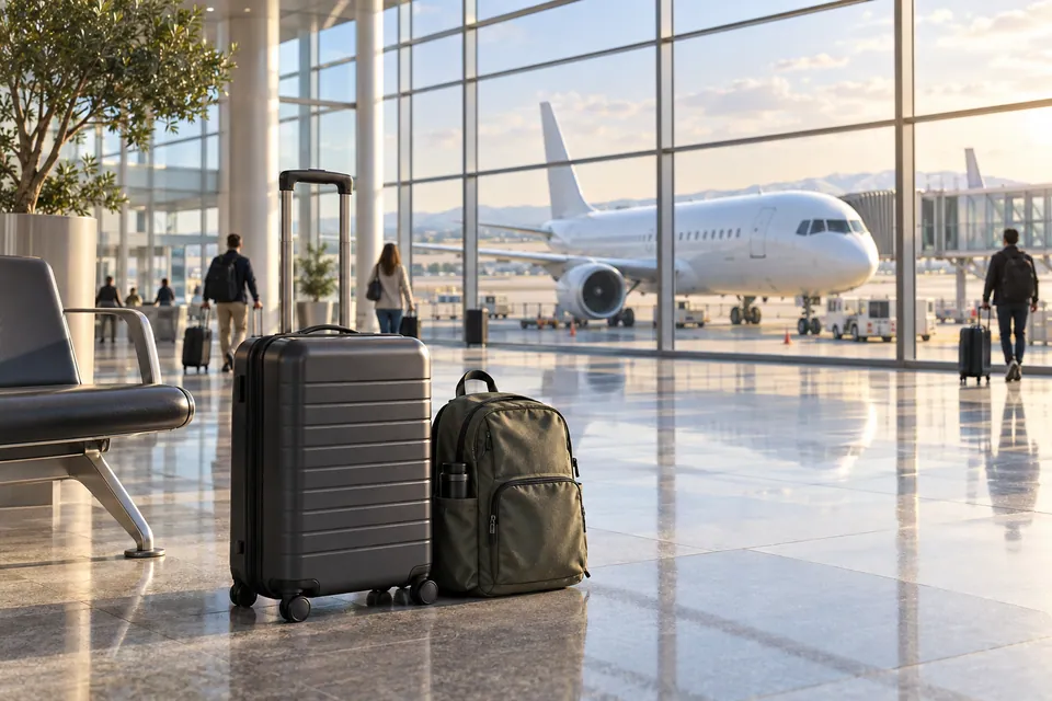 AI illustration: Carry-on luggage in an airport terminal with an airplane outside