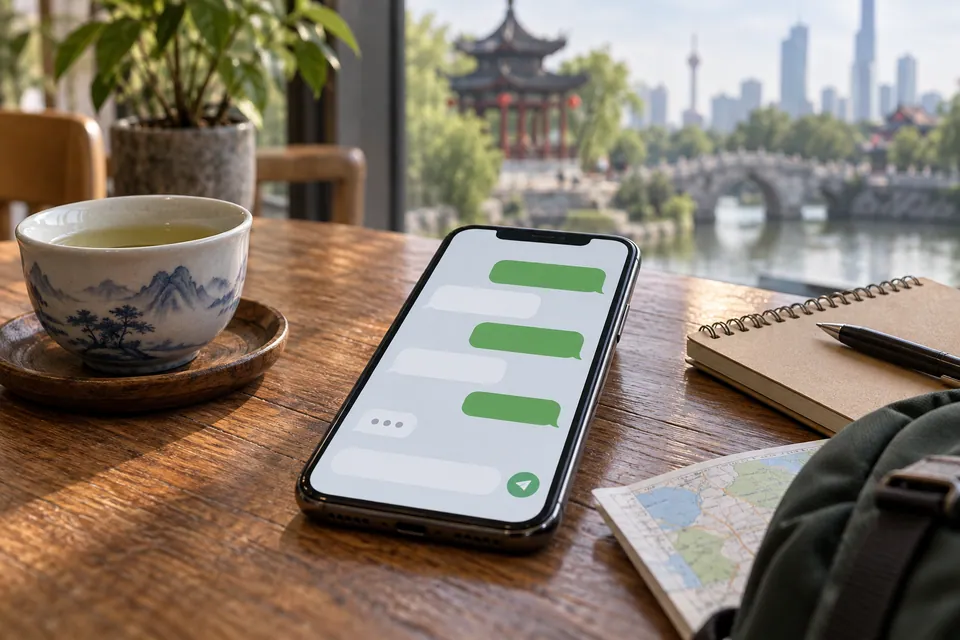 AI illustration: A smartphone with abstract chat bubbles beside a cup of tea