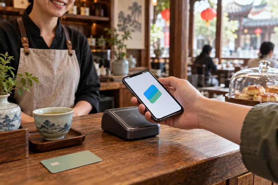 AI illustration: A traveler using a phone at a cafe payment counter
