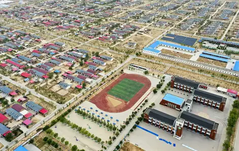 Hongsibu District (红寺堡区) — representative view · 整齐住宅街区和运动场的航拍景观