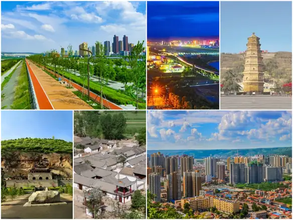 Binzhou (彬州市) — representative view · 城市街景、寺庙和绿地的照片拼图