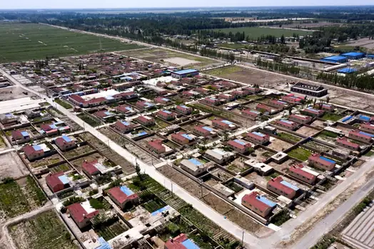 Yopurga County (岳普湖县) — representative view · 成排庭院住宅、农田与乡村道路