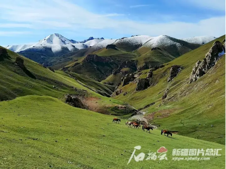 Akqi County (阿合奇县) — representative view · 高原群山间的绿色草地与溪谷