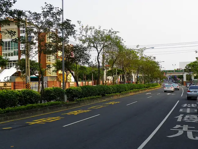 Houli District (后里區) — representative view · 绿树与住宅楼环绕的城市道路