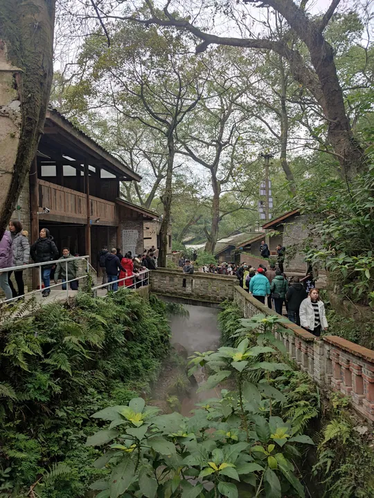 An old village lane: a stone-paved path and a low bridge with a brick balustrade beside a stream that gives off steam, flanked by weathered timber buildings with balconies and stone walls; many visitors walk the paths and large green plants fill the foreground under bare trees.