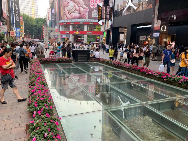 Guangzhou's Beijing Road pedestrian street: a long glass-covered archaeological display set into the paving over excavated ancient road surfaces, bordered by beds of pink flowers, with dense crowds of shoppers and shopfronts including SKECHERS, ANTA SPORTS, 良品铺子 and a large advertising billboard above.