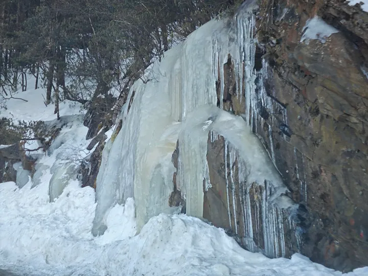 A winter icefall on a cliff in the Shennongding area: a thick curtain of white and pale-blue ice hanging down a brown rock face, with icicles along the rock, snow-covered ground and banks of snow at its foot, and bare dark trees on the slope above.