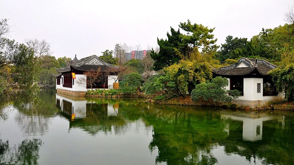 Pavilions beside the pond at Guyi Garden in Nanxiang, Jiading District, Shanghai. Photo: 2015-02-23.
