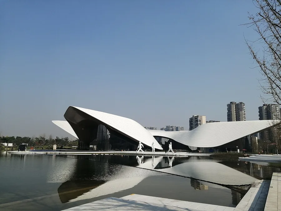 Chengdu Tianfu Art Museum across Yinggui Lake in Tianfu Art Park, during the 2021 Chengdu Biennale; 10 November 2021.