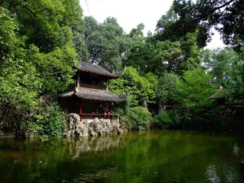 Pond and garden pavilion at Yanhua Pond Garden in Chongzhou, photographed in 2008.