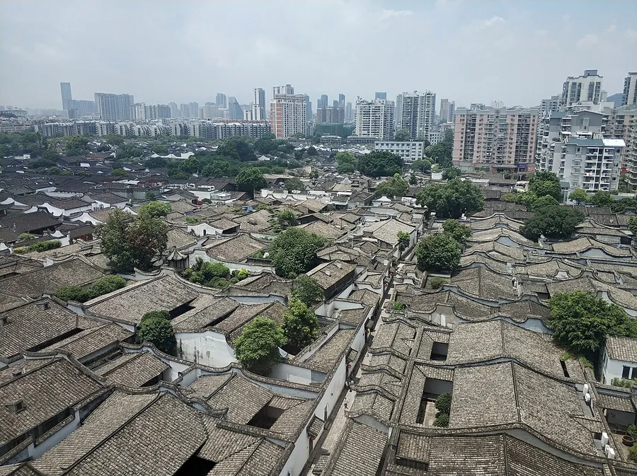 Sanfang Qixiang viewed west from the Dongbai Centre observation terrace in Fuzhou, July 2019.