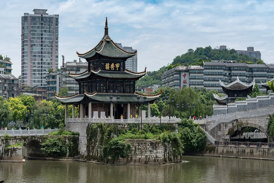 Jiaxiu Pavilion beside the Nanming River in Guiyang, June 2018.