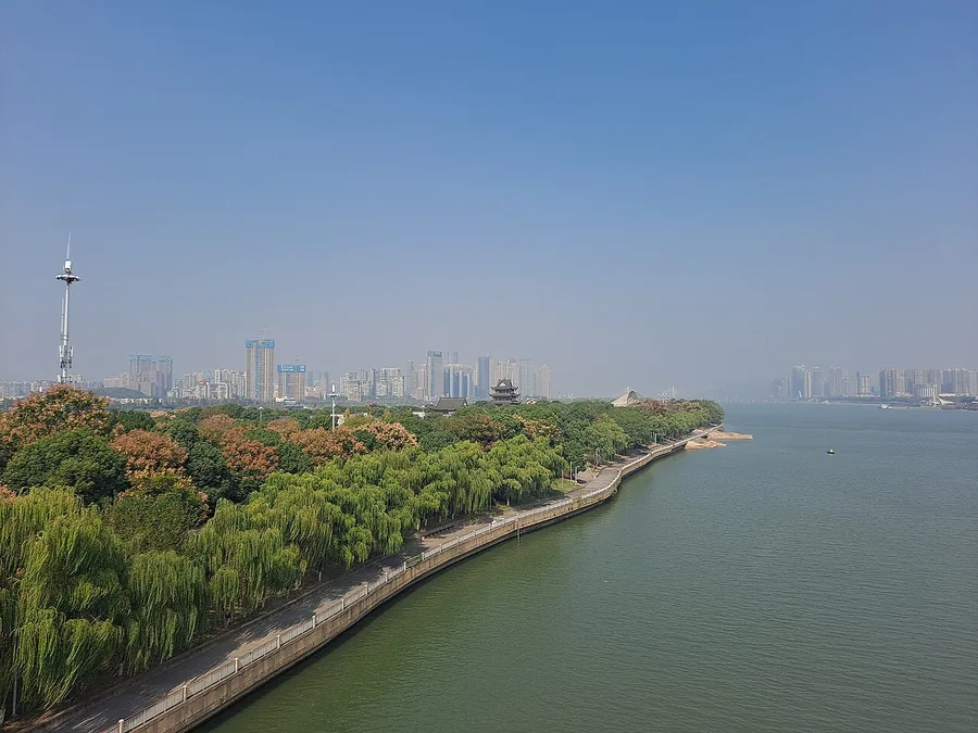 The riverbank and wooded length of Orange Isle in Changsha, November 2022.