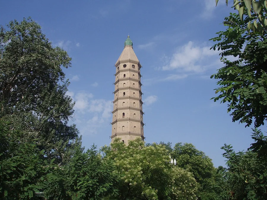 Chengtian Temple Pagoda, also called Yinchuan's Western Pagoda, seen through the temple trees; 13 August 2008.
