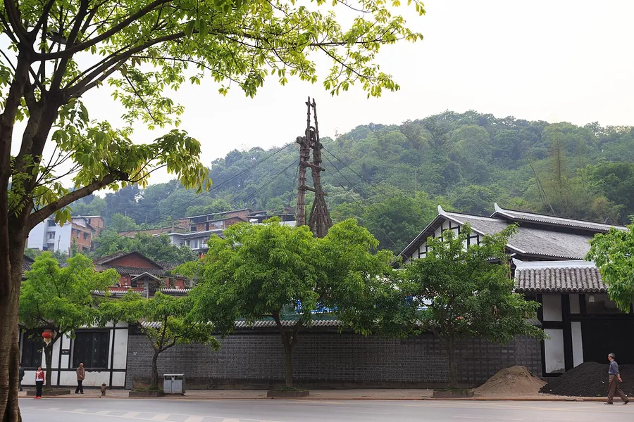 Buildings and the above-ground well derrick at Shenhai Well, Zigong; 23 April 2014.