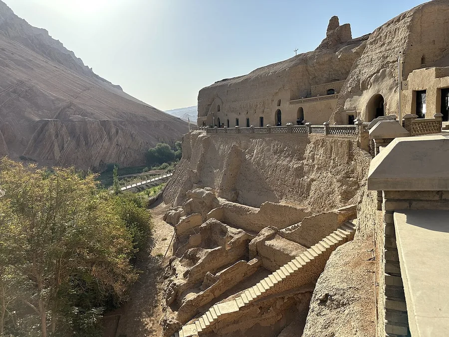 Bezeklik Thousand Buddha Caves above the Mutou valley, viewed from north to south; 20 September 2023.