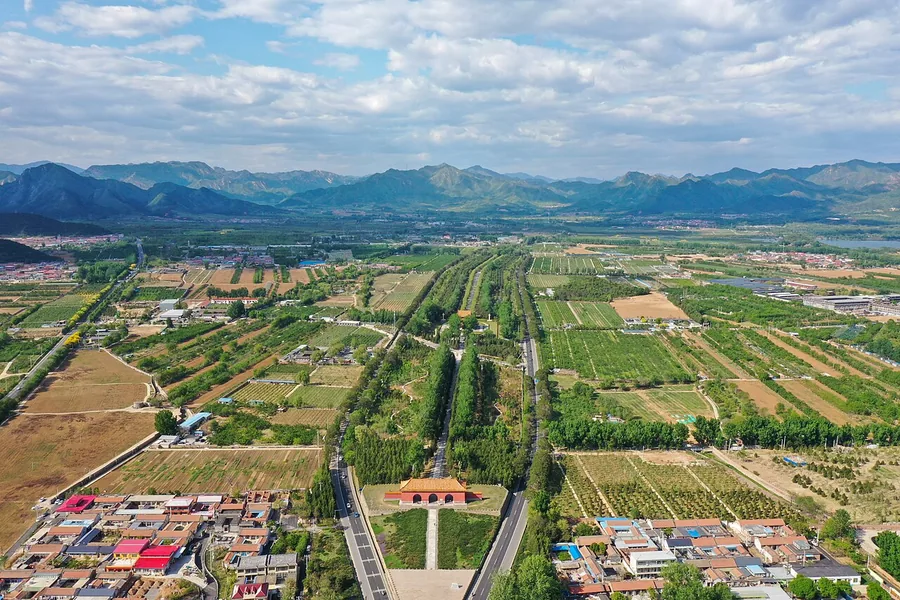 The Sacred Way and Dagong Gate at the Ming Tombs, seen from above in July 2019.