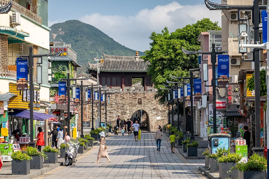 The south gate of Dapeng Fortress, seen along Nanmen East Road in Shenzhen; 11 April 2021.