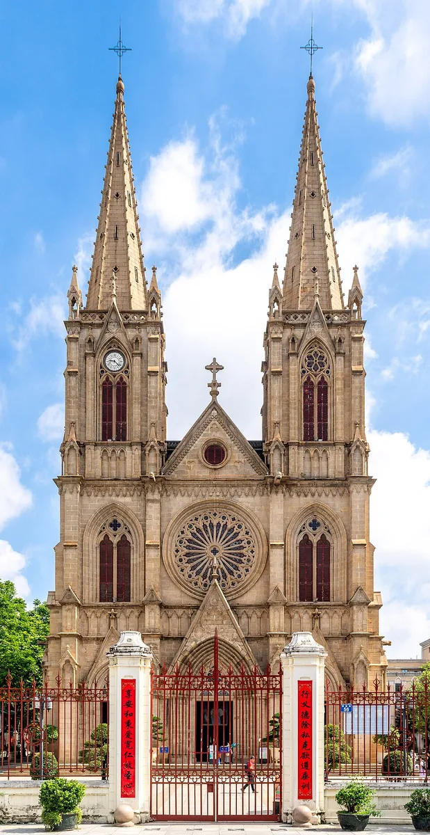 The twin-spired front of Guangzhou's Sacred Heart Cathedral, June 2025.