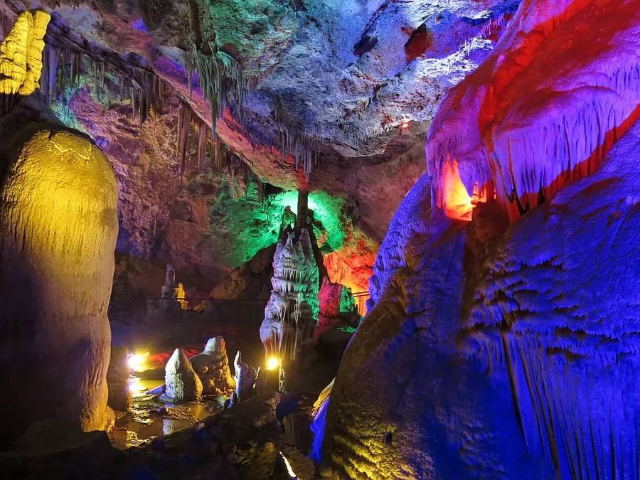 Illuminated cave formations inside Jiguan Cave, Luanchuan County, Henan; 15 October 2013.
