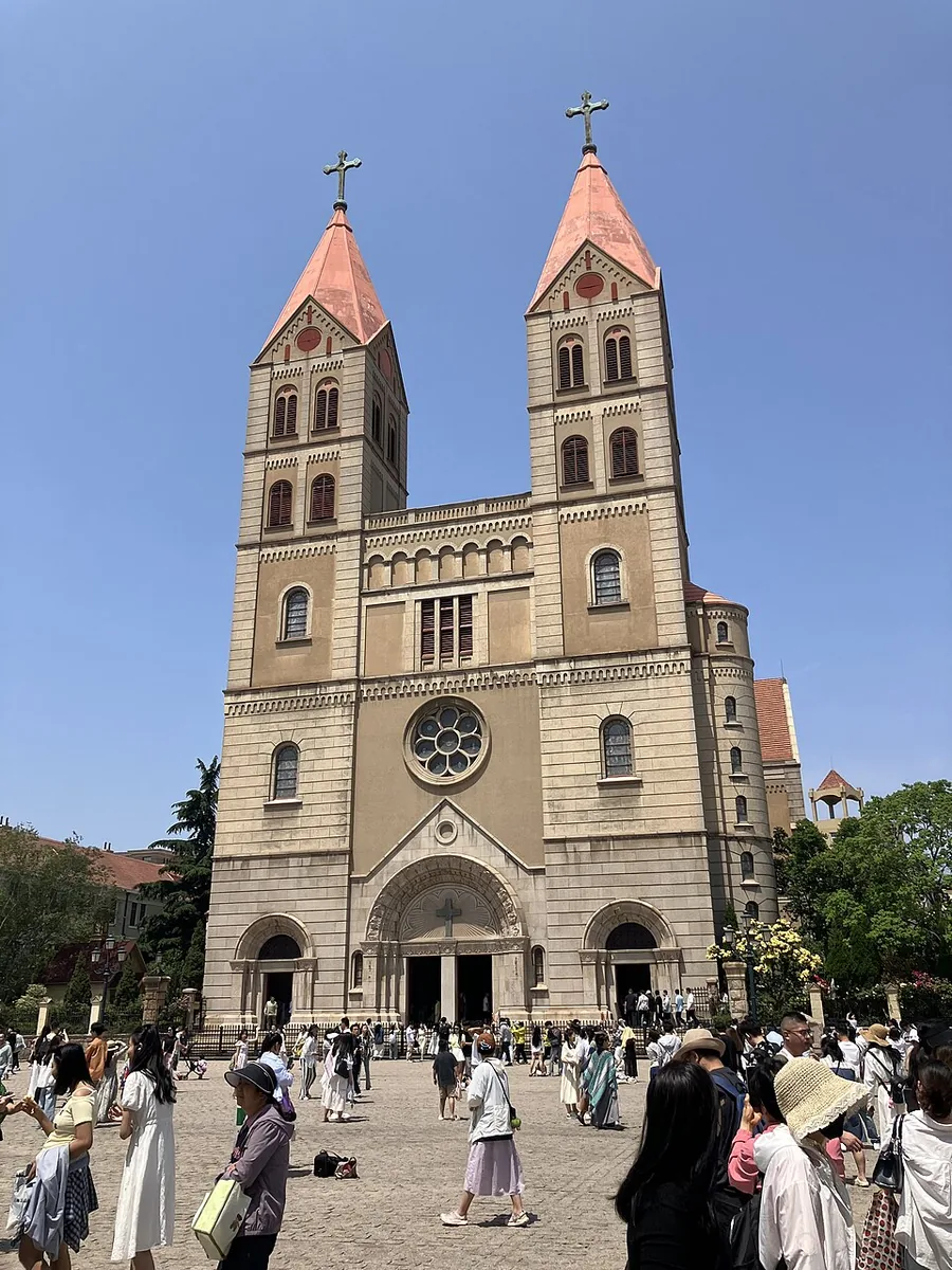 The twin-towered west front of St. Michael's Cathedral in Qingdao, June 2025.