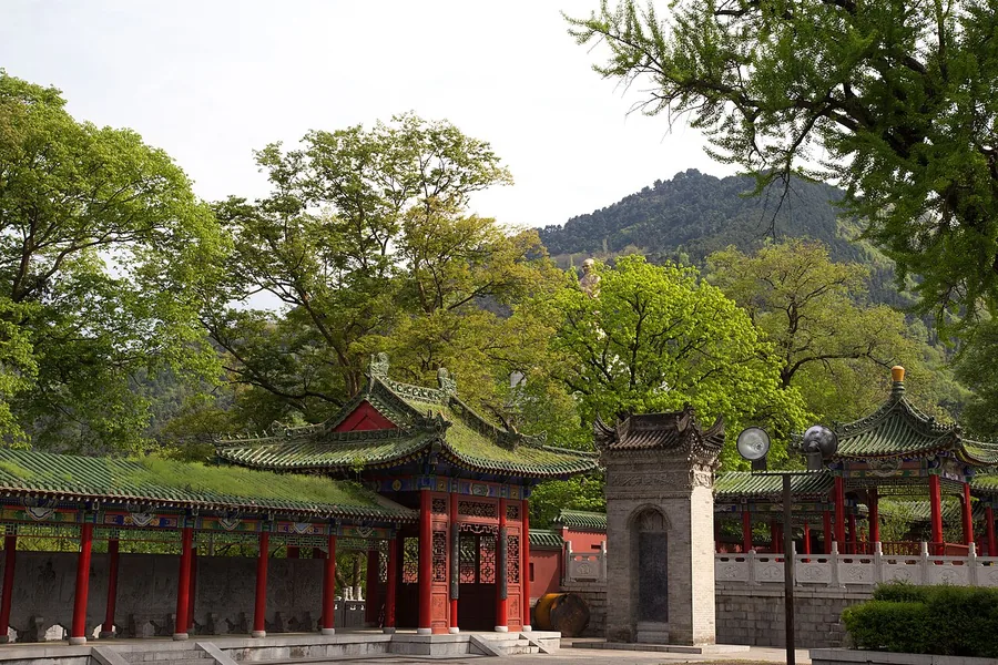 Pavilions, a stele and a tree-filled courtyard at Louguantai, Zhouzhi County, Shaanxi; 19 April 2015.