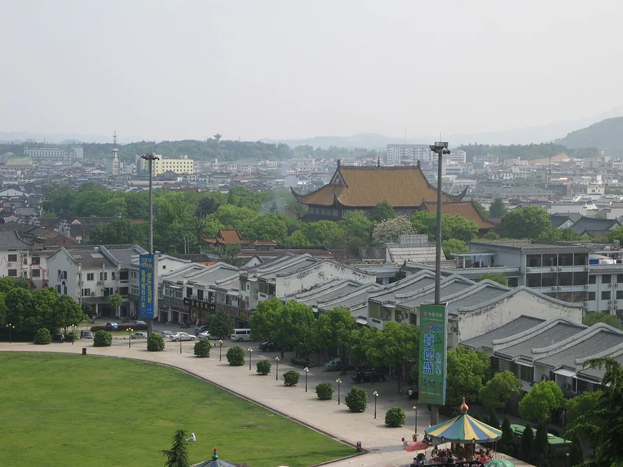 The Grand Temple of Mount Heng, seen above the roofs of Nanyue town. Photographed on April 2011.