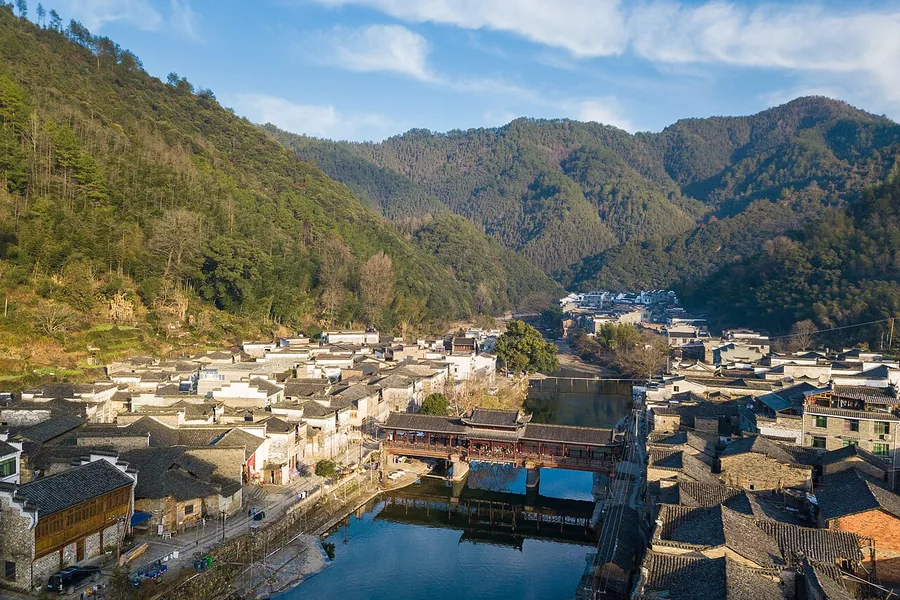 Yaoli village and the Yao River among wooded hills, Jiangxi. Photographed on 1 January 2018.