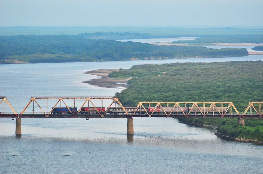 The Korea–Russia Friendship Bridge and Tumen River seen from the Fangchuan border area, July 2014.
