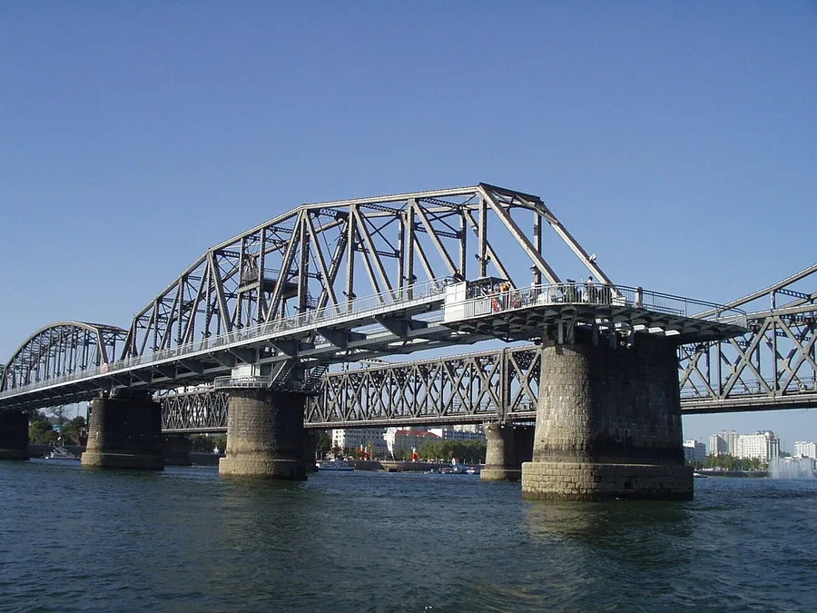 The surviving end of the Yalu River Broken Bridge, seen from the river at Dandong. Photographed on 15 October 2005.