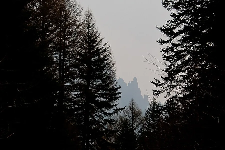 A rocky pinnacle of Mount Luya seen through conifers, May 2012. Shown locality: Mount Luya, Xinzhou. Source-recorded photograph date: Taken on 1 May 2012.